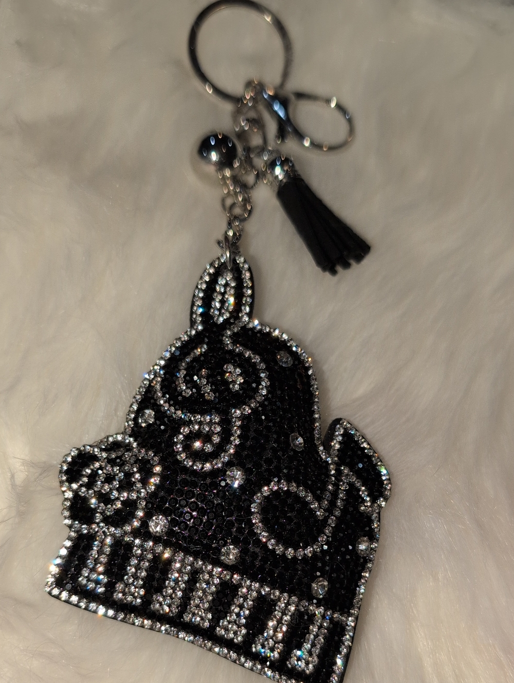 Sparkling Black Piano Keychain Bag Charm with Tassel And Silver Hardware